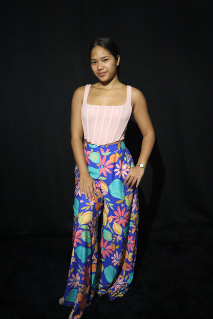 Pantalon Bleu motifs fleurs